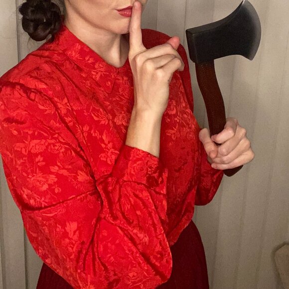 Jonathan Martin | Red Long Sleeve Mock Collar Jacquard Blouse - S - Picture 13 of 13